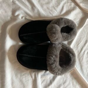 UGG Black Slippers with Soft Gray Fur